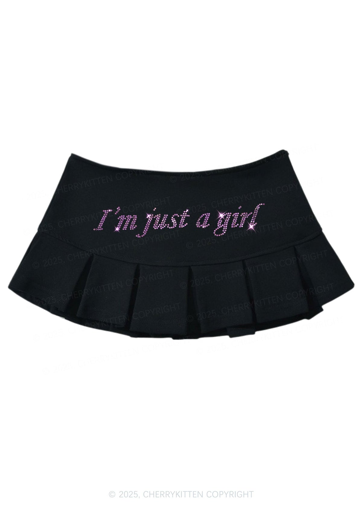 Rhinestone Just A Girl Y2K Mini Pleated Skirts Cherrykitten