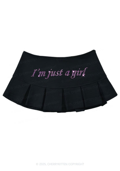 Rhinestone Just A Girl Y2K Mini Pleated Skirts Cherrykitten