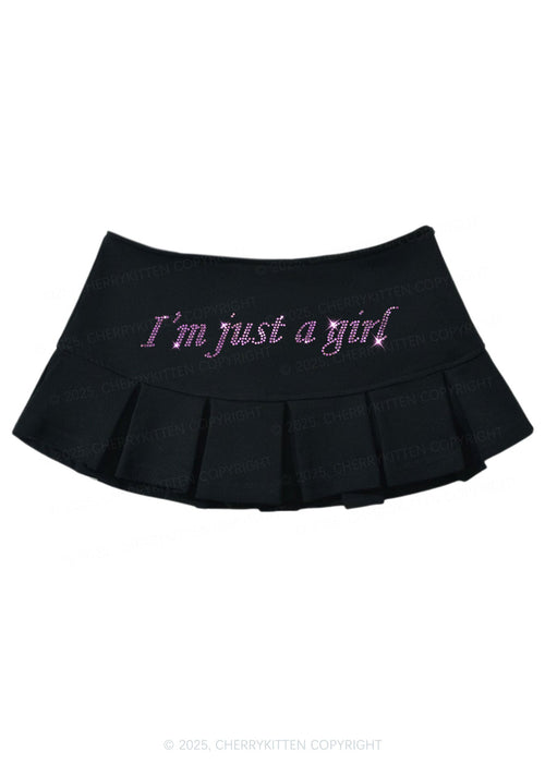 Rhinestone Just A Girl Y2K Mini Pleated Skirts Cherrykitten