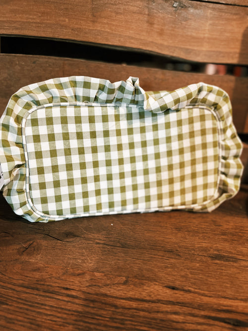 Gingham Ruffle Zipper Pouch - Green