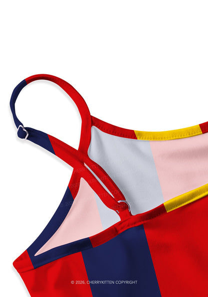 Red Navy Yellow Vertical Stripe Y2K Print Slip Dress Cherrykitten
