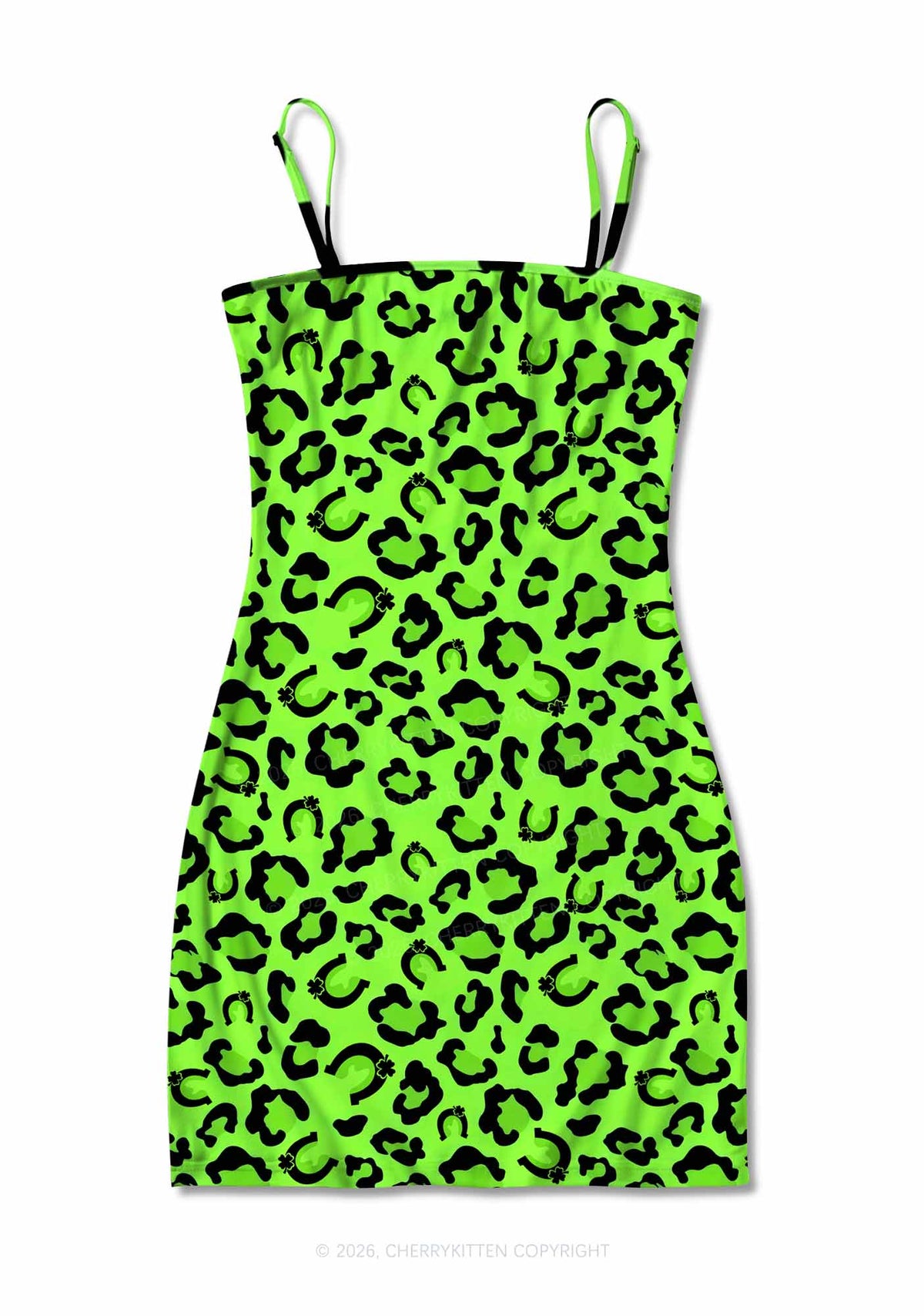 Fluorescent Green Leopard St Patricks Y2K Print Slip Dress Cherrykitten