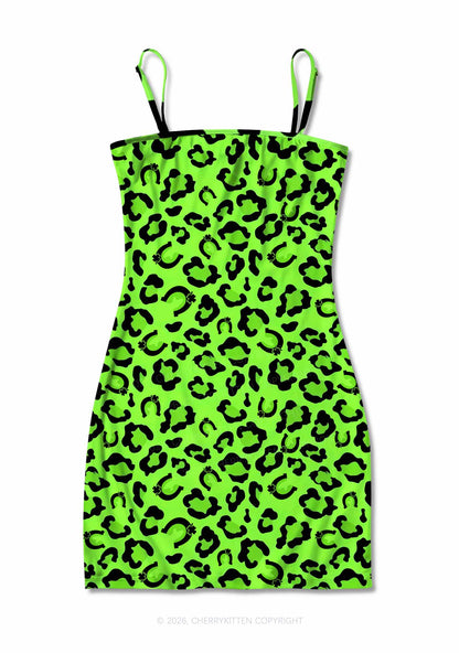 Fluorescent Green Leopard St Patricks Y2K Print Slip Dress Cherrykitten