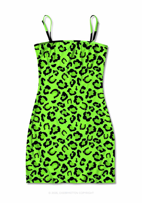 Fluorescent Green Leopard St Patricks Y2K Print Slip Dress Cherrykitten