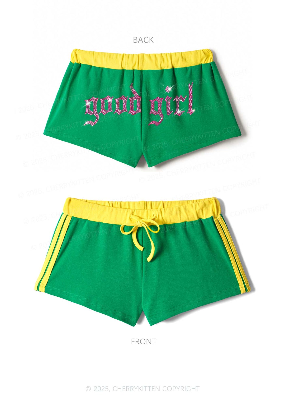 Rhinestone Good Girl Y2K Drawstring Mini Shorts Cherrykitten