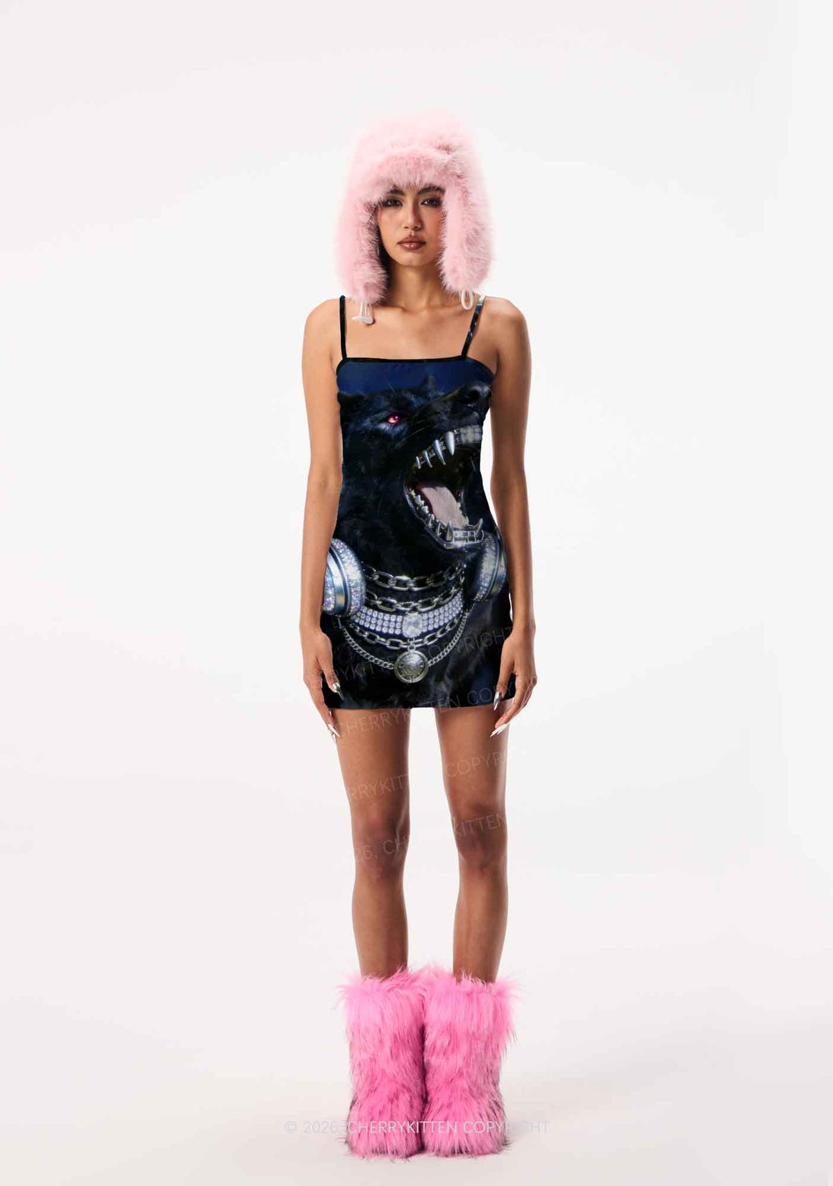 Hip Hop Black Wolf Y2K Print Slip Dress Cherrykitten