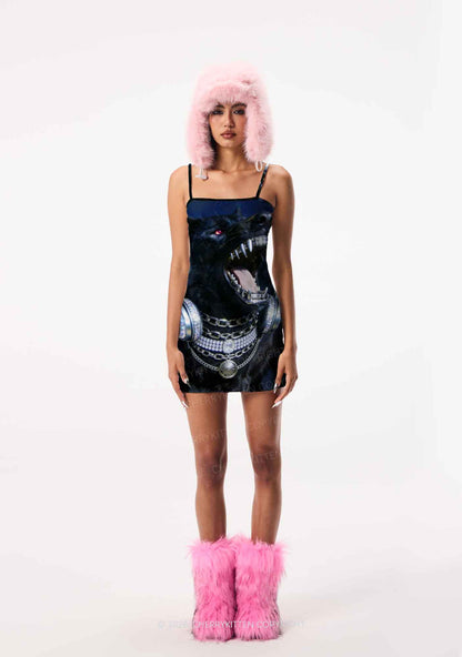 Hip Hop Black Wolf Y2K Print Slip Dress Cherrykitten