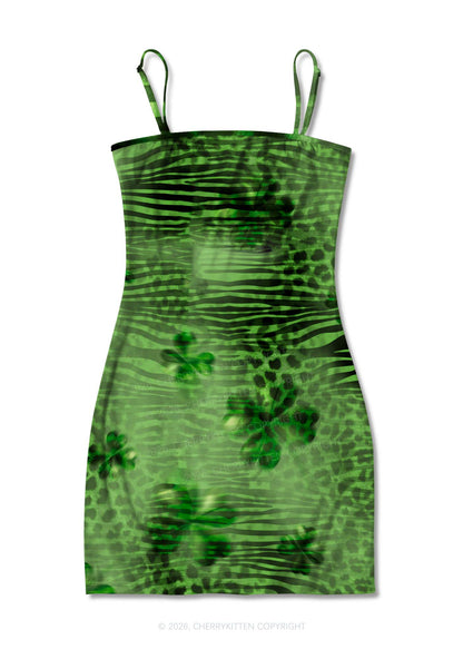Shamrock Green Leopard St Patricks Y2K Print Slip Dress Cherrykitten