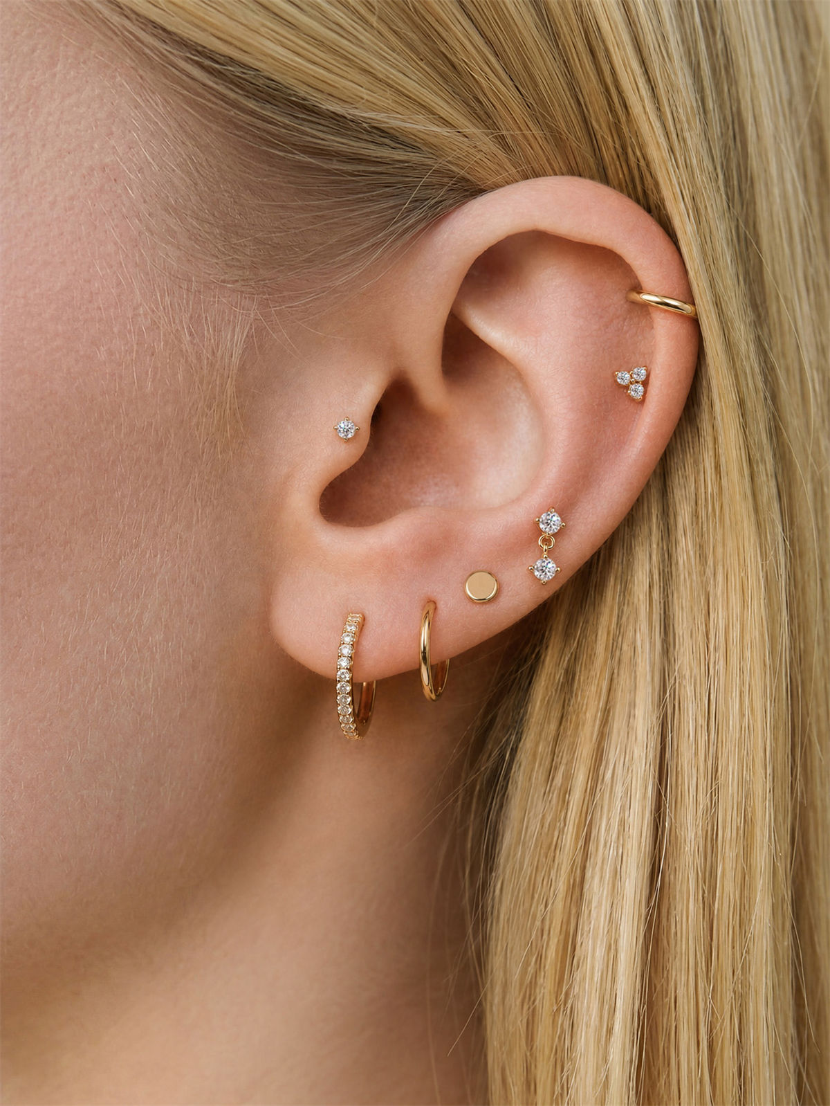 KOSINER 14K Solid Gold Minimalist Trinity Flat Back Stud