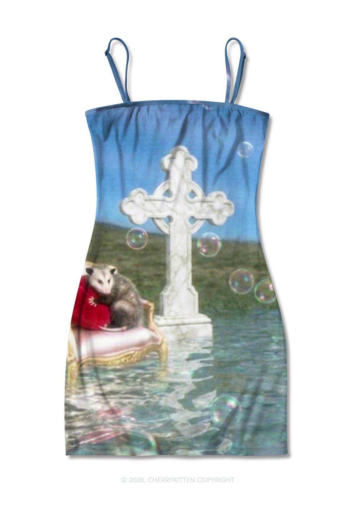 Cute Possum Bubble Y2K Print Slip Dress Cherrykitten