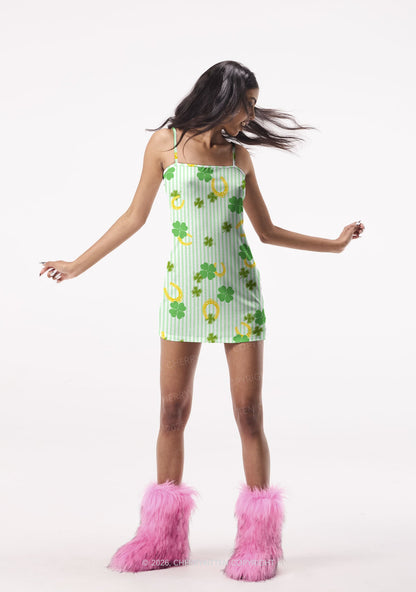 Green Stripe Clover Horseshoe St Patricks Y2K Print Slip Dress Cherrykitten