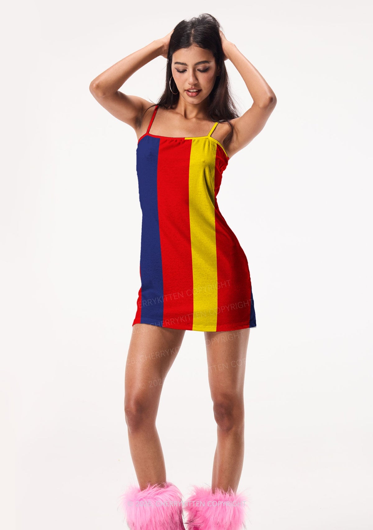 Red Navy Yellow Vertical Stripe Y2K Print Slip Dress Cherrykitten