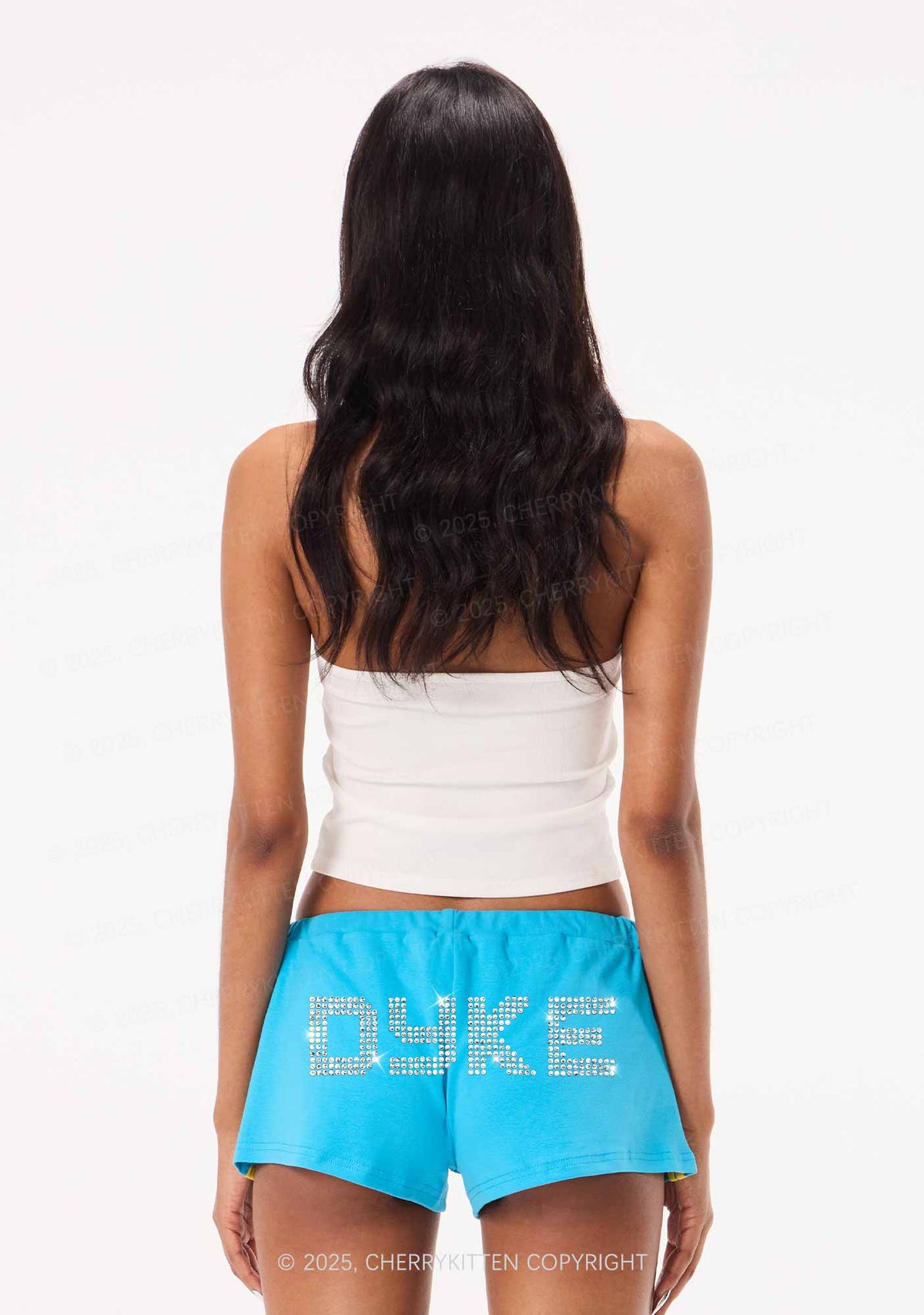 Rhinestone Dyke Pride Y2K Drawstring Mini Shorts Cherrykitten