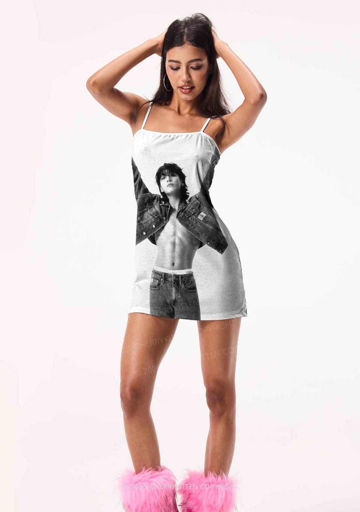 Denim Jacket Kpop Boy Portrait Y2K Print Slip Dress Cherrykitten