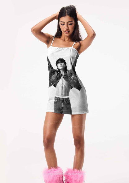 Denim Jacket Kpop Boy Portrait Y2K Print Slip Dress Cherrykitten