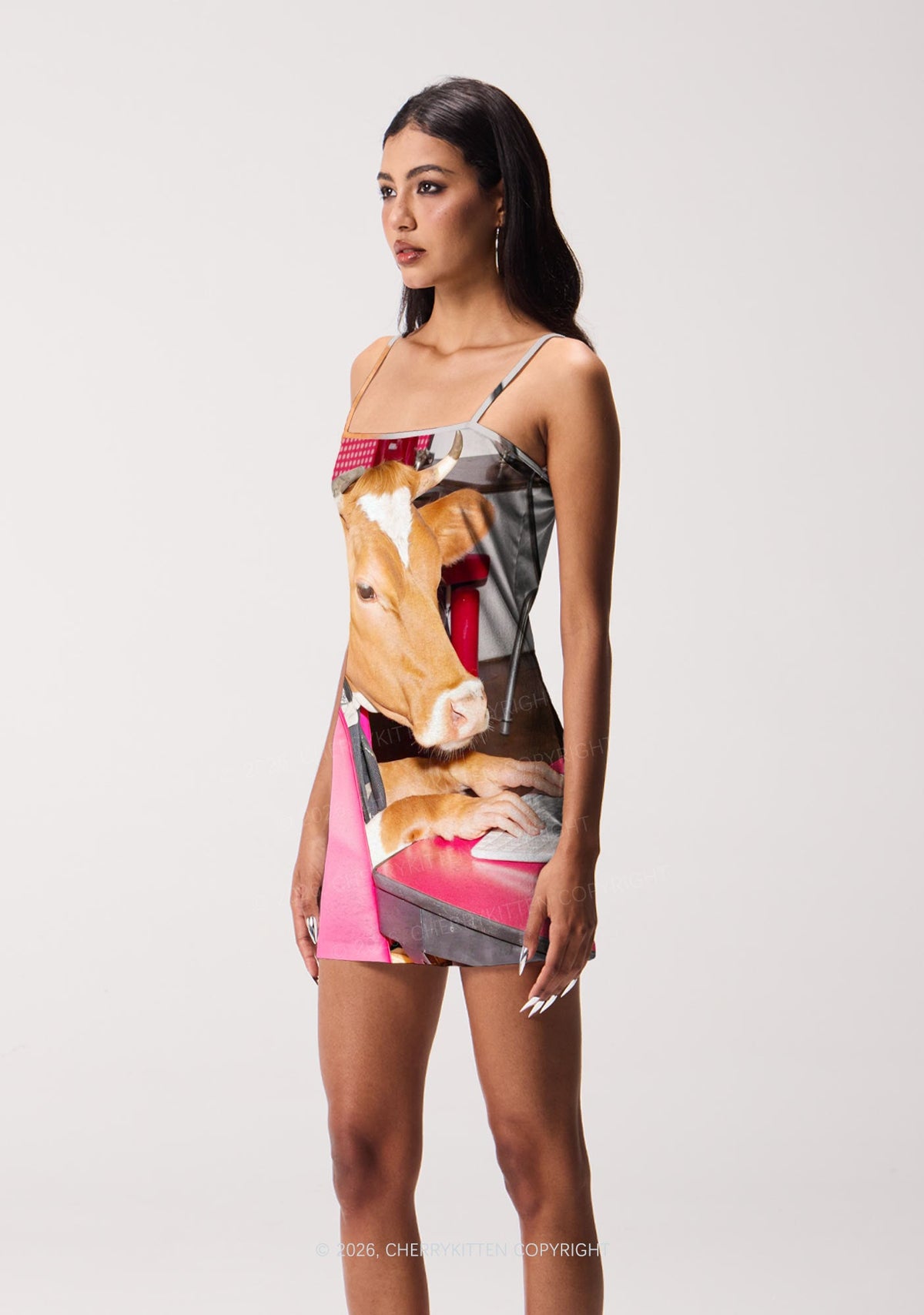 Cow Typing Keyboard Y2K Print Slip Dress Cherrykitten