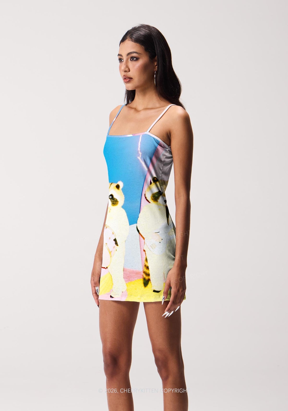 Raccoon Band Y2K Print Slip Dress Cherrykitten