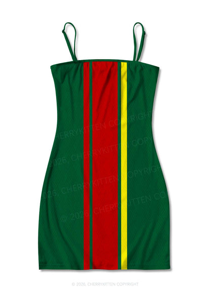 Dark Green Red Yellow Vertical Stripe Y2K Print Slip Dress Cherrykitten