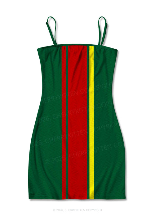 Dark Green Red Yellow Vertical Stripe Y2K Print Slip Dress Cherrykitten