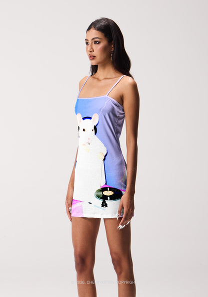 Neon Lightning DJ Rat Y2K Print Slip Dress Cherrykitten