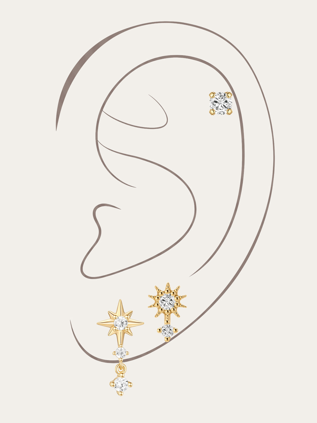 KOSINER 14K Solid Gold Delicate Star Drop Set