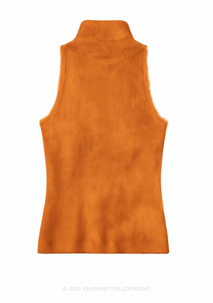 Plain Orange Y2K Knit Turtleneck Tank Top Cherrykitten