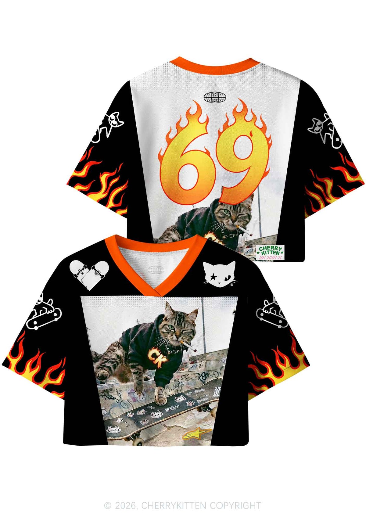 Smoking Cat Skateboard Y2K Crop Sport Jersey Shirts Cherrykitten