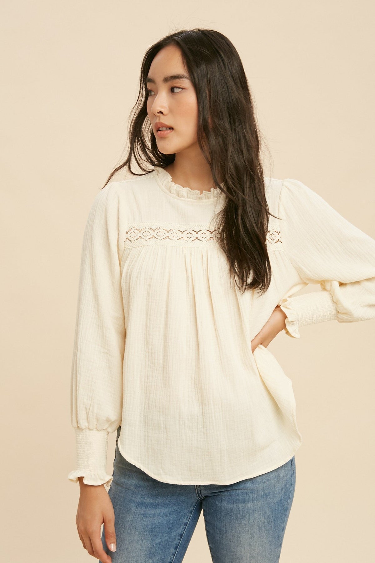 Buttercream Ruffle Mock Neck Blouse