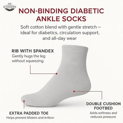 Cotton Non-Binding Diabetic & Circulatory Quarter Socks (12-Pairs)