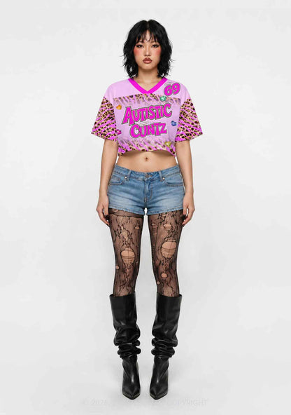 Autistic Cxxt Pink Leopard Y2K Crop Sport Jersey Shirts Cherrykitten