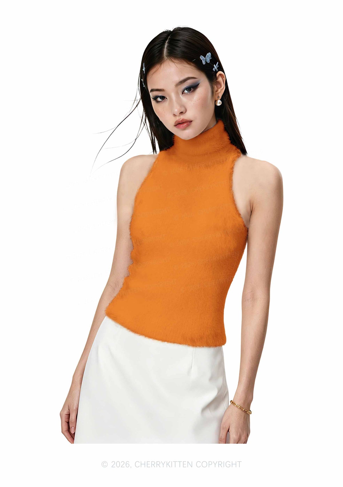 Plain Orange Y2K Knit Turtleneck Tank Top Cherrykitten