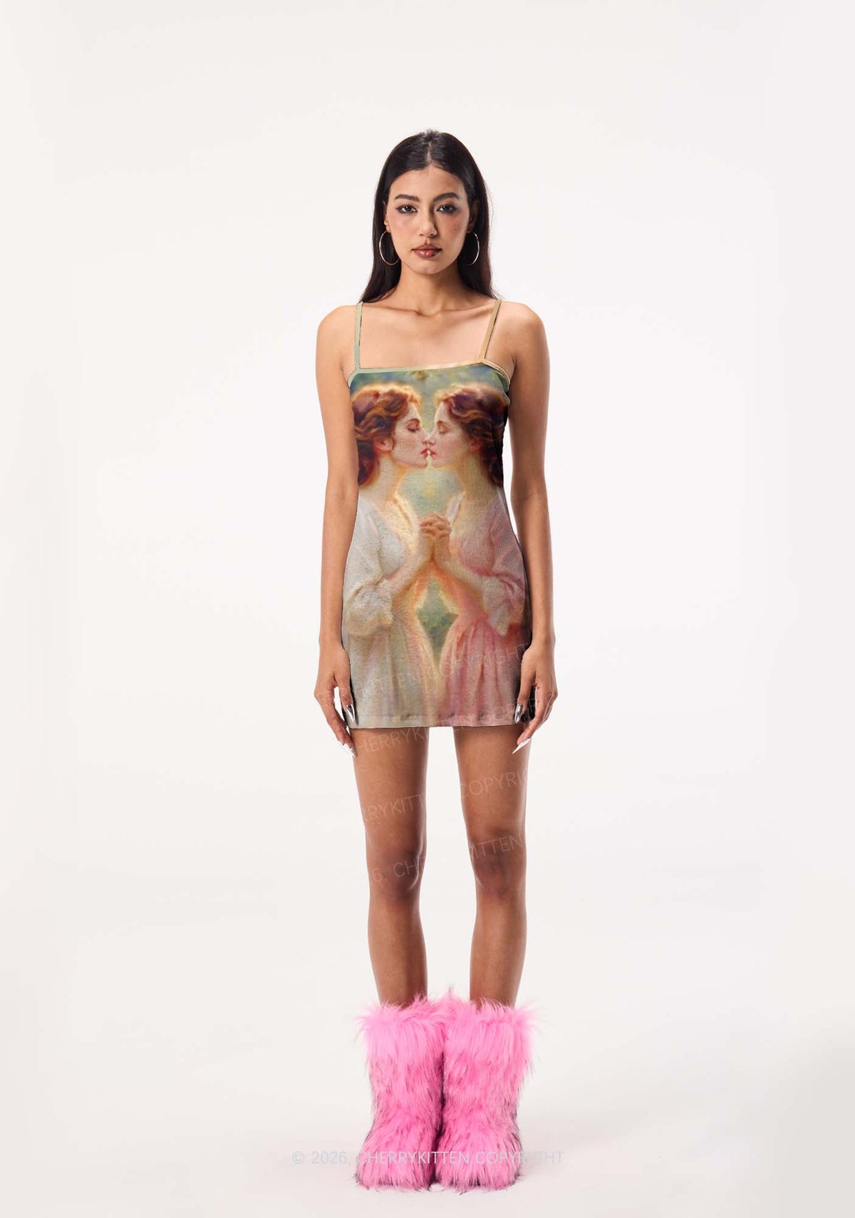 Girls Holding Hands Kissing Pride Y2K Print Slip Dress Cherrykitten