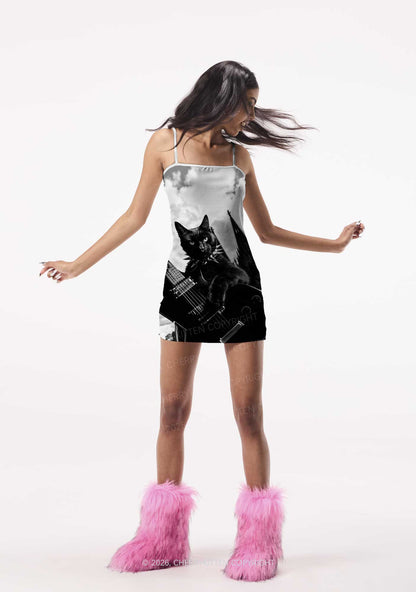 Halloween Guitar Black Cat Y2K Print Slip Dress Cherrykitten
