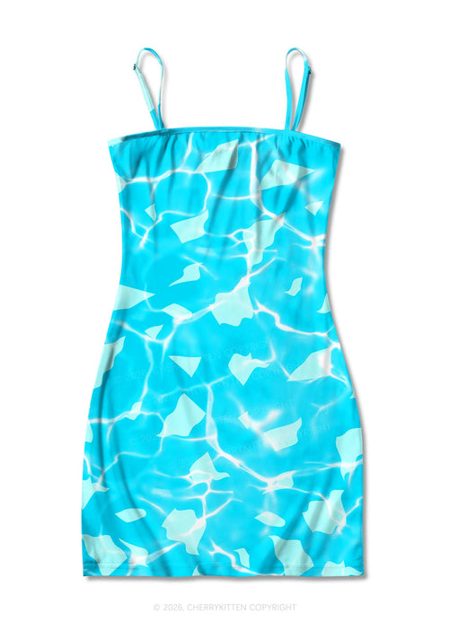 Turquoise Water Ripple Y2K Print Slip Dress Cherrykitten