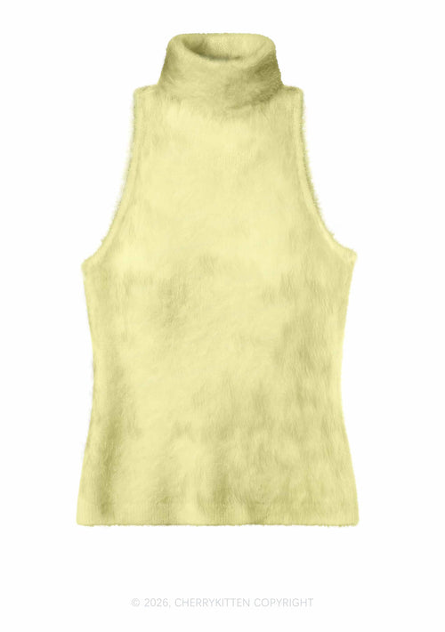 Plain Pale Yellow Y2K Knit Turtleneck Tank Top Cherrykitten
