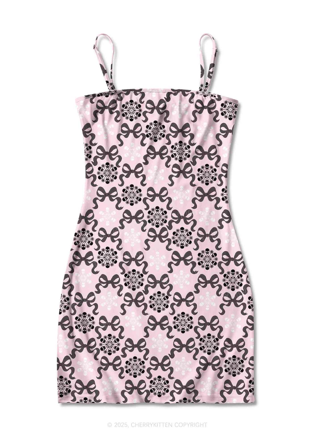 Christmas Bow Skull Snowflakes Y2K Print Slip Dress Cherrykitten