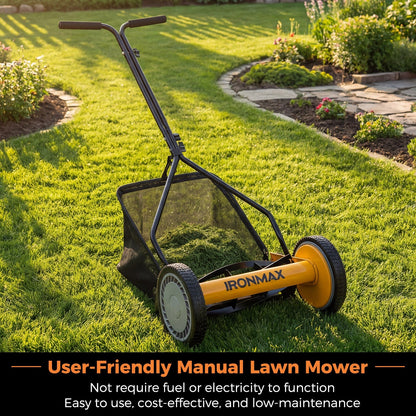 14 Inch Push Lawn Mower with 5 Steel Blades and Grass Catcher Bag