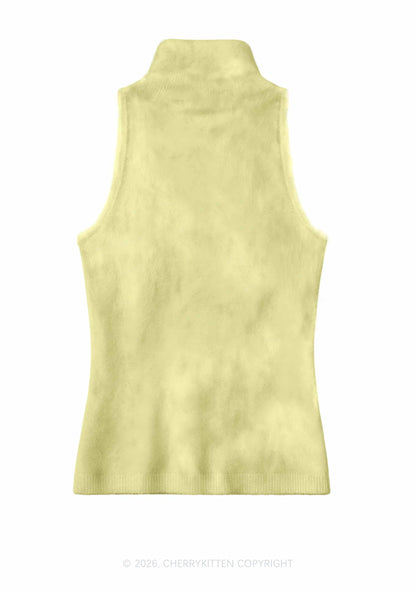Plain Pale Yellow Y2K Knit Turtleneck Tank Top Cherrykitten