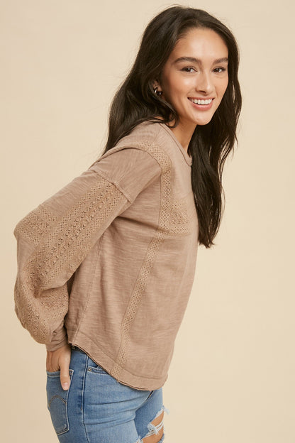Taupe Lace Inset Long Sleeve Top