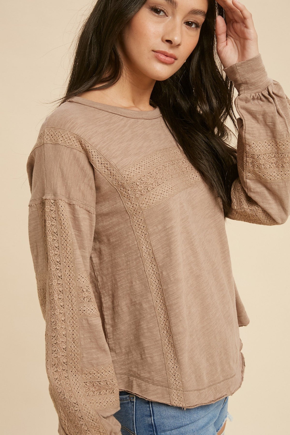 Taupe Lace Inset Long Sleeve Top