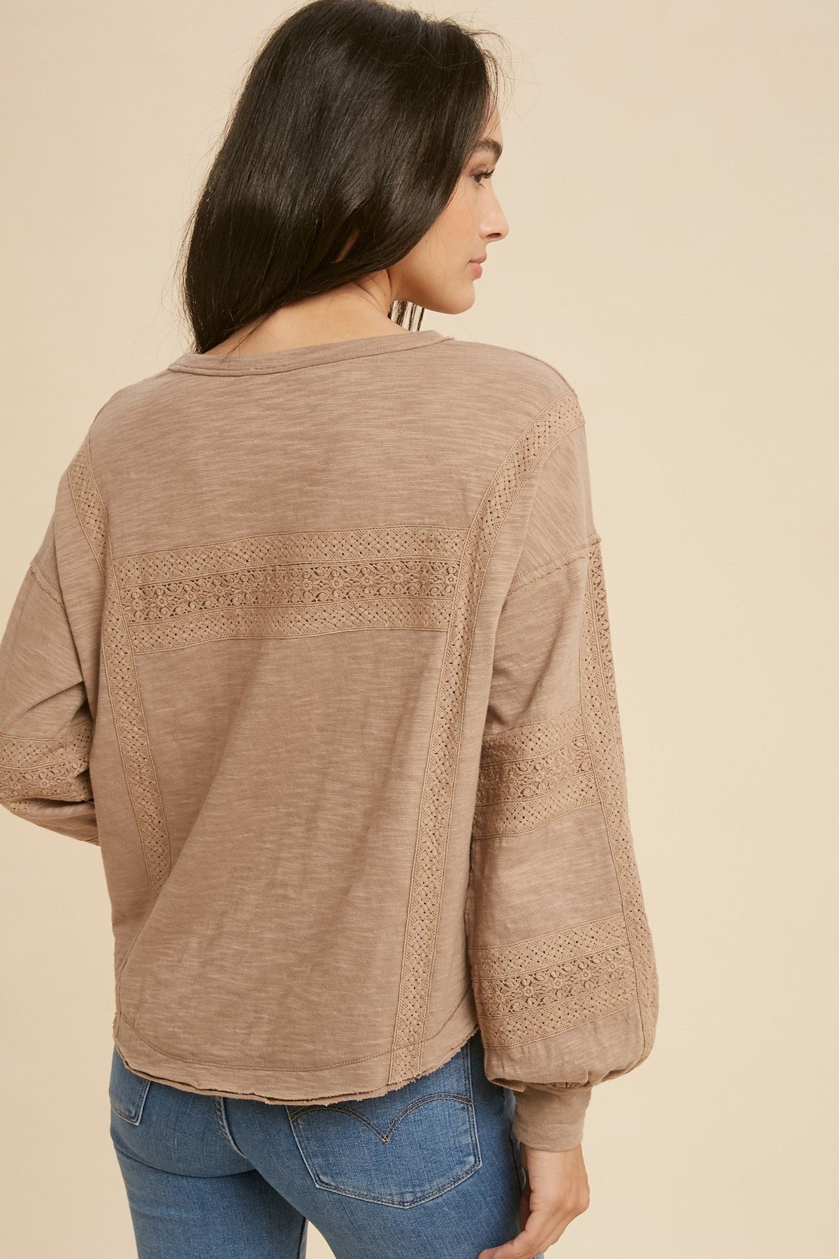 Taupe Lace Inset Long Sleeve Top
