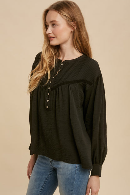 Pin Tuck Pleated Long Sleeve Blouse - Black