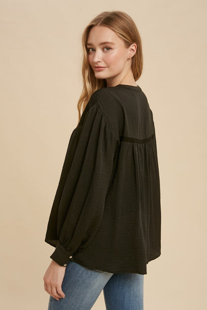Pin Tuck Pleated Long Sleeve Blouse - Black