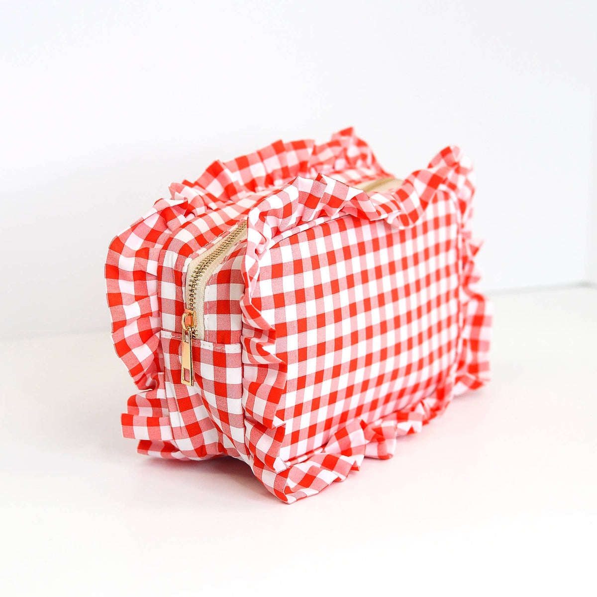 Gingham Ruffle Zipper Pouch - Red