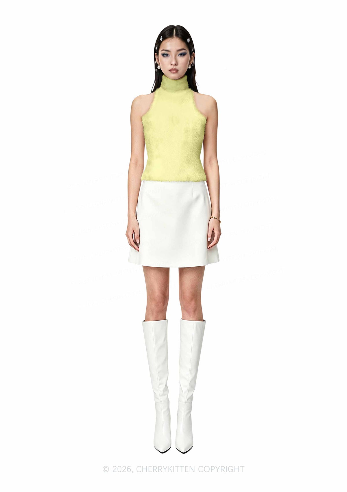 Plain Pale Yellow Y2K Knit Turtleneck Tank Top Cherrykitten