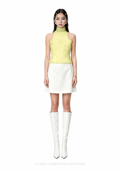 Plain Pale Yellow Y2K Knit Turtleneck Tank Top Cherrykitten