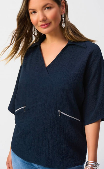 Seersucker Boxy Top-Midnight Blue