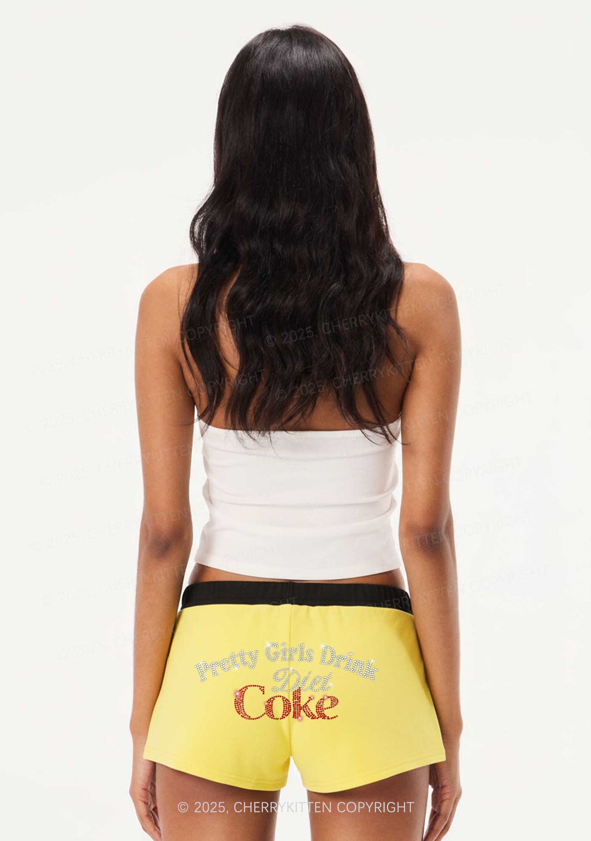 Rhinestone Pretty Girls Drink Diet Cola Y2K Drawstring Mini Shorts Cherrykitten