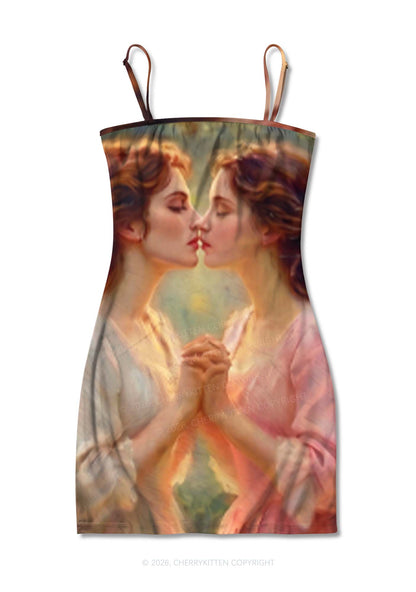 Girls Holding Hands Kissing Pride Y2K Print Slip Dress Cherrykitten