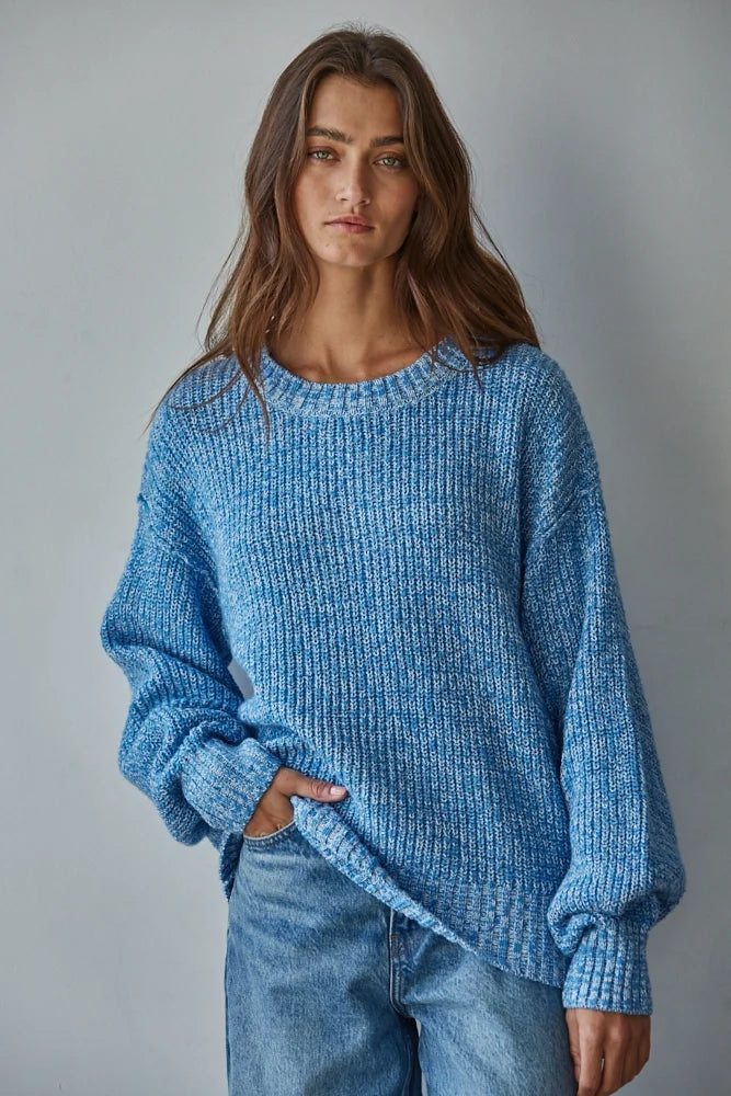 Knit Sweater Cotton Ribbed High Mock Neck Top - Blue
